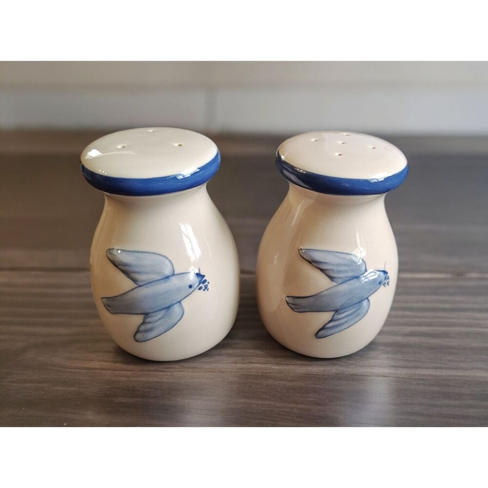 Large Vintage 2001 THT Blue Salt & Pepper Shakers Dove w/Olive Branch